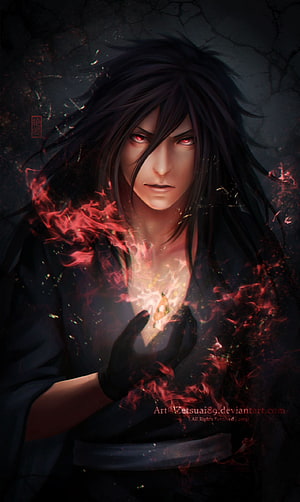 Uchiha Madara Anime Character with Red Eyes and Dark Flames HD phone wallpaper