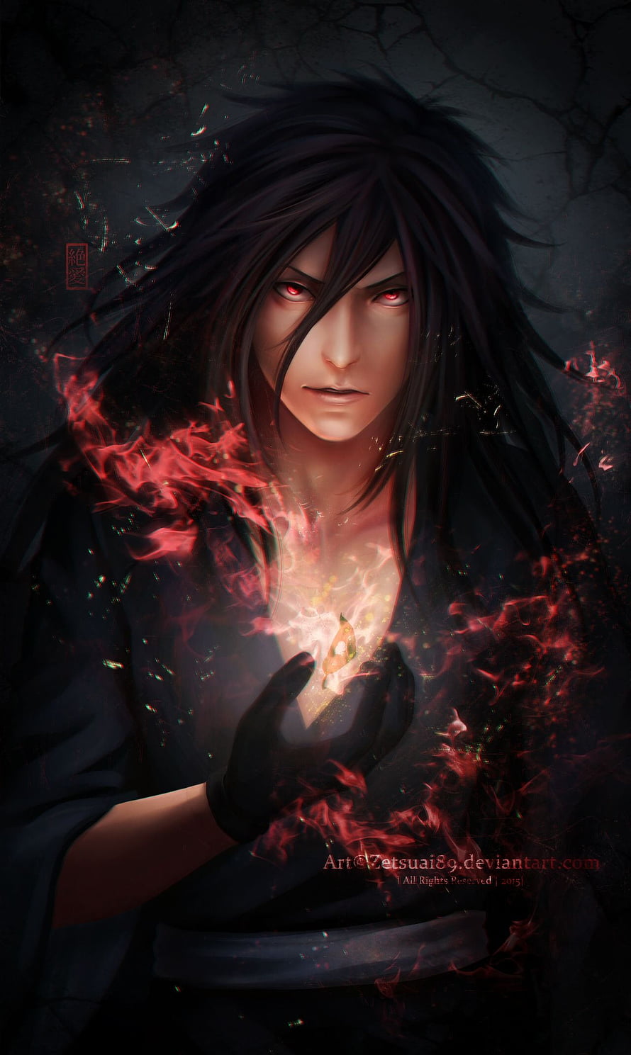 Uchiha Madara Anime Character with Red Eyes and Dark Flames HD phone wallpaper