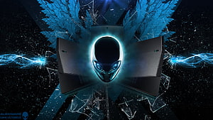 Alienware Gaming PC with Glowing Alien Head Logo and Blue Energy Effects HD wallpaper