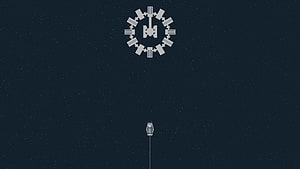 Minimalist Interstellar Space Station and Ship in Dark Starfield HD wallpaper