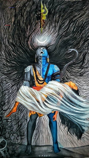 Angry Lord Shiva Mahakal Painting with Trishul and Crescent Moon HD phone wallpaper