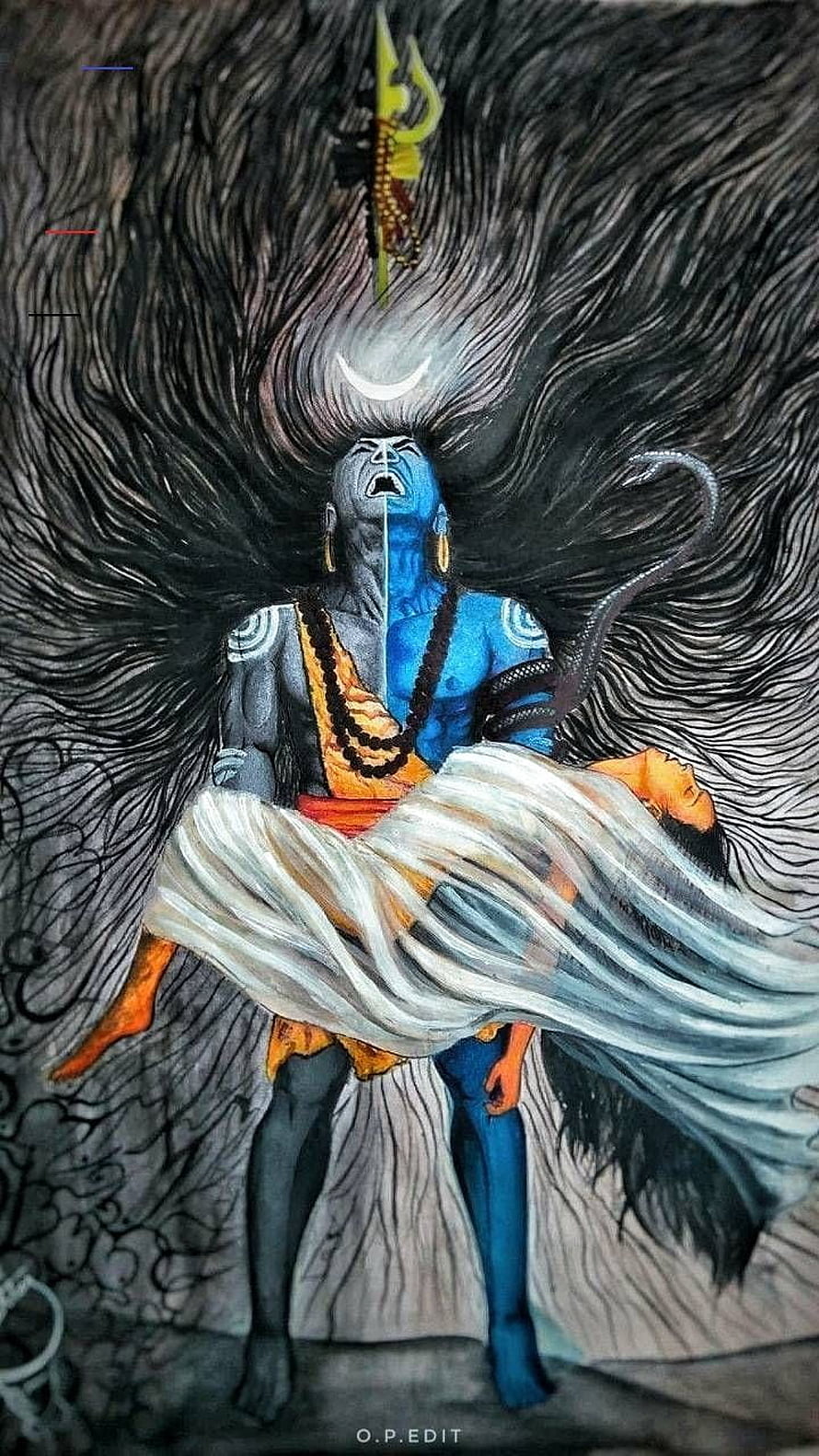 Angry Lord Shiva Mahakal Painting with Trishul and Crescent Moon HD phone wallpaper