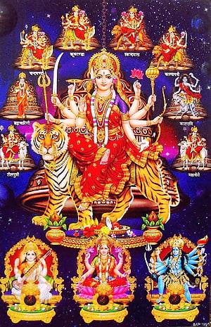 Navdurga and Tridevi: Durga, Saraswati, Lakshmi, and Kali in Traditional Indian Art HD phone wallpaper