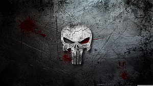 The Punisher Skull Emblem on Grunge Concrete with Blood Splatter HD wallpaper