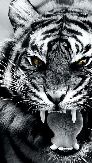 Intense Black and White Tiger Portrait with Amber Eyes and Bared Fangs HD phone wallpaper