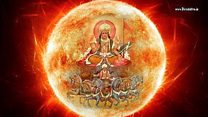 Lord Surya Dev riding a seven-horse chariot inside a glowing solar disc HD wallpaper