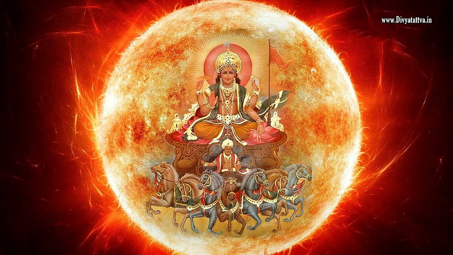 Lord Surya Dev riding a seven-horse chariot inside a glowing solar disc HD wallpaper