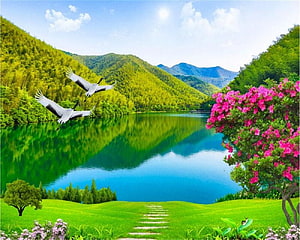 Serene Mountain Lake with Flying Cranes and Vibrant Azalea Bushes HD wallpaper