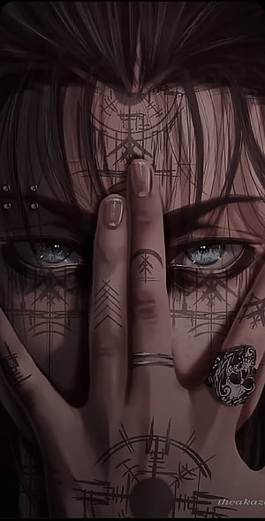 Eren Yeager Close-Up Portrait With Facial Runes and Hand Gesture HD phone wallpaper