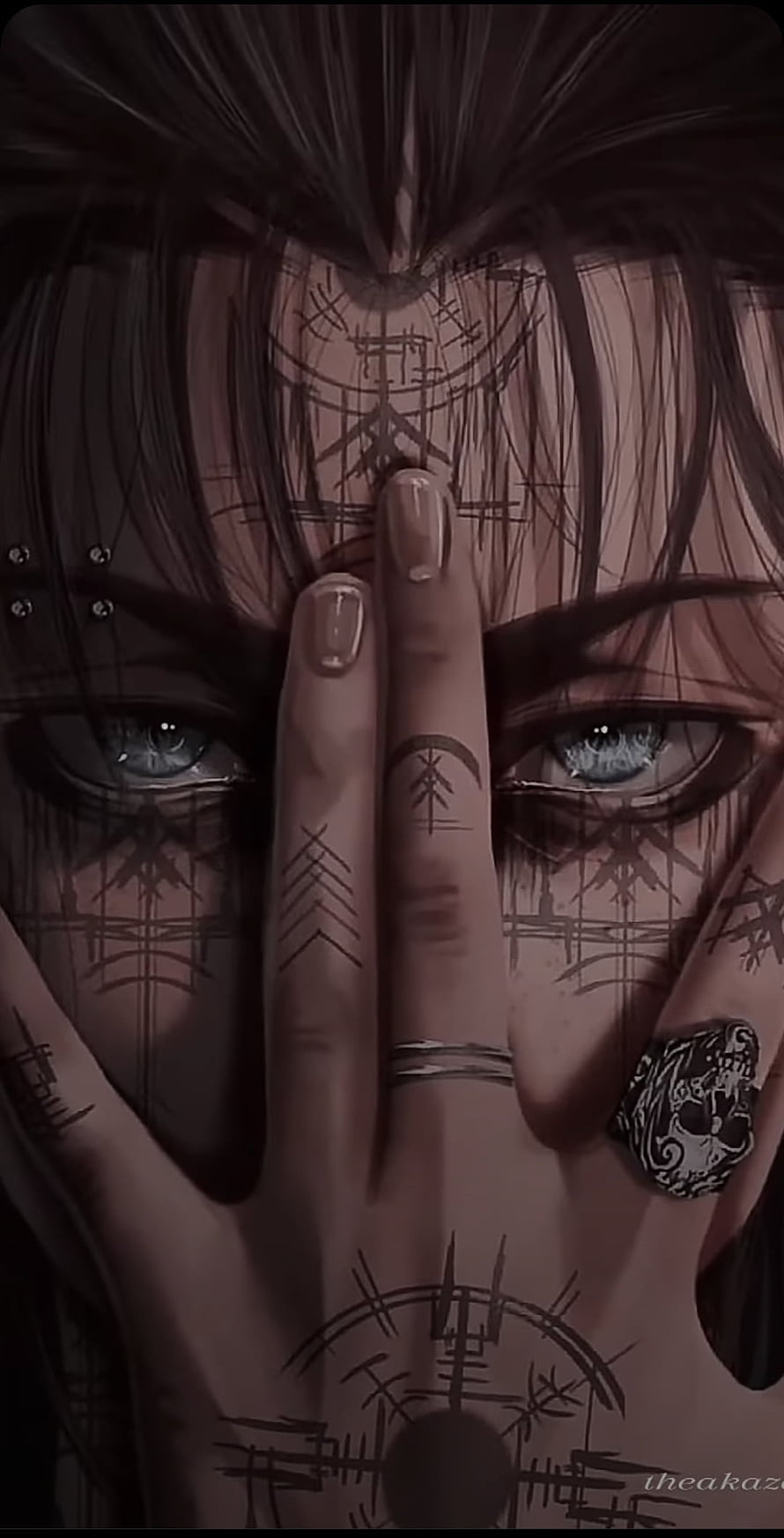 Eren Yeager Close-Up Portrait With Facial Runes and Hand Gesture HD phone wallpaper
