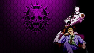 Kira Yoshikage and Killer Queen from JoJo's Bizarre Adventure in Purple Damask Setting HD wallpaper