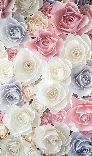 Pastel Paper Rose Floral Pattern in Soft Pink, White, and Lavender Tones HD phone wallpaper