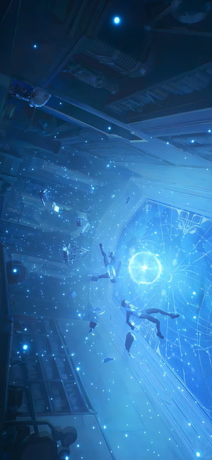 Viktor from Arcane floating in a glowing blue magical chamber with floating particles and a radiant energy orb HD phone wallpaper