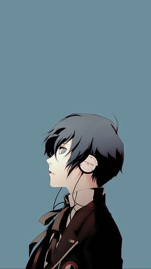 Persona 3 Protagonist Anime Portrait with Headphones on Muted Blue Background HD phone wallpaper
