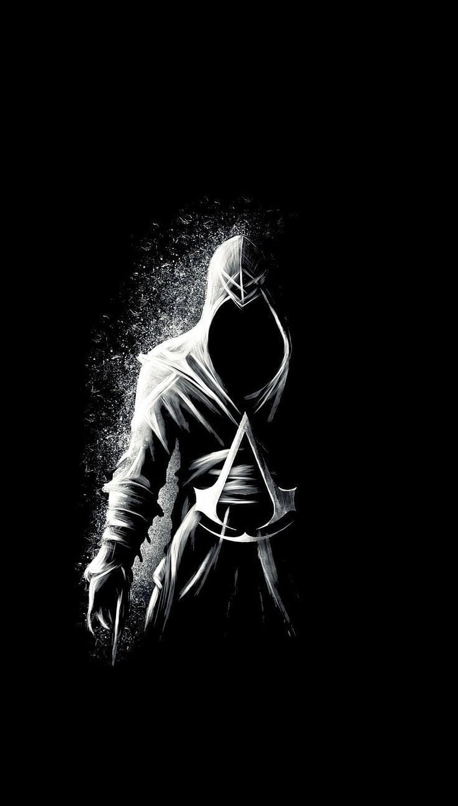 Assassin's Creed Hooded Figure with Emblem in Dramatic Black and White Art HD phone wallpaper