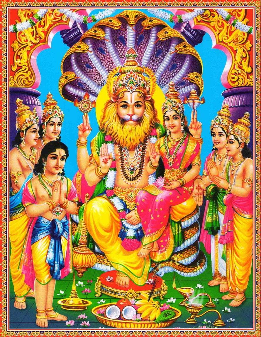 Narasimha Swami with consorts and devotees in traditional Indian temple art HD phone wallpaper