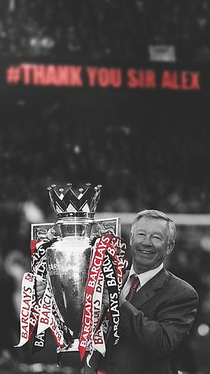 Sir Alex Ferguson Holding The Premier League Trophy With Thank You Banner HD phone wallpaper