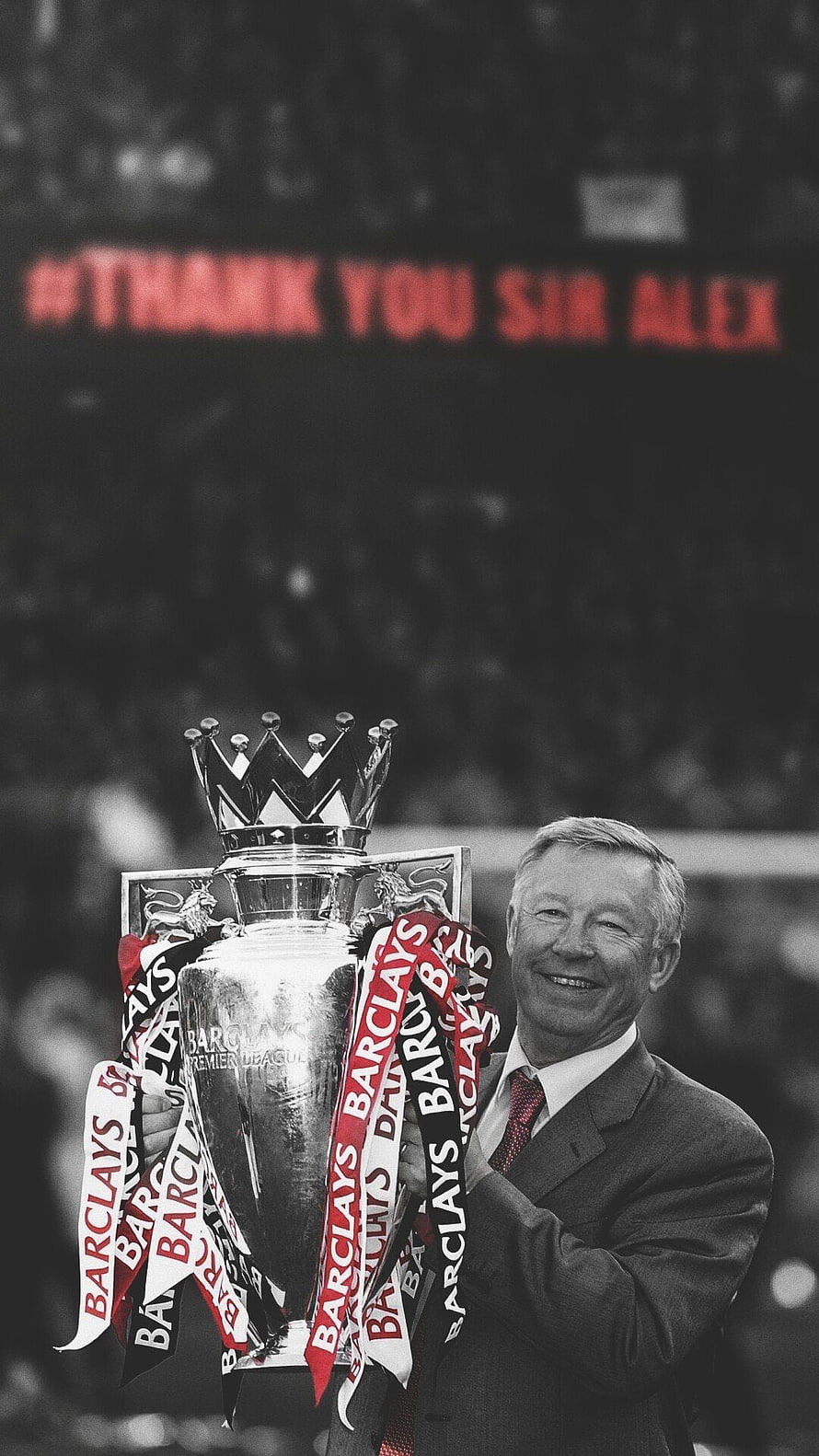 Sir Alex Ferguson Holding The Premier League Trophy With Thank You Banner HD phone wallpaper