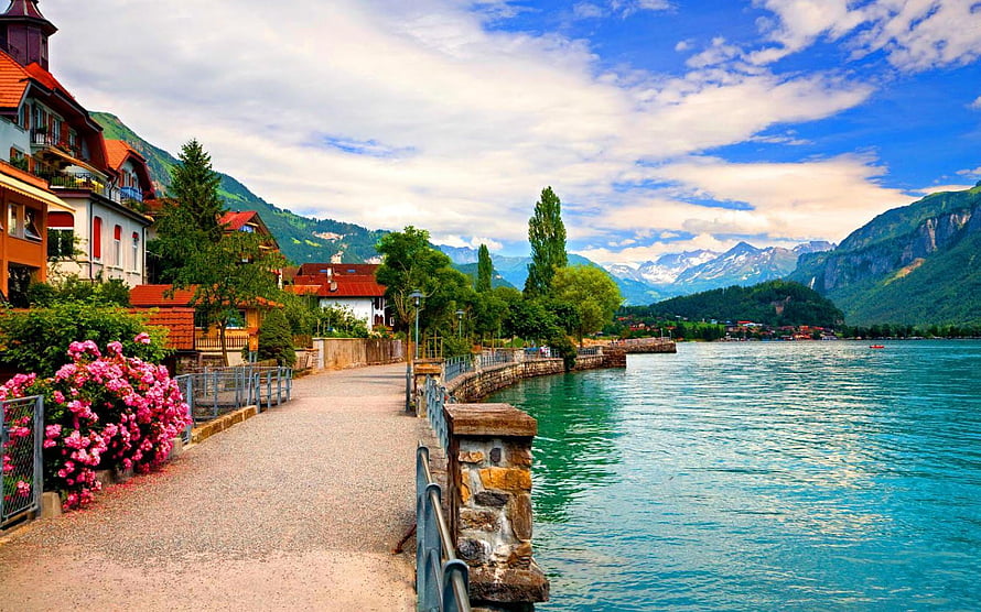 Swiss Lakeside Promenade with Alpine Mountains and Vibrant Flowers HD wallpaper