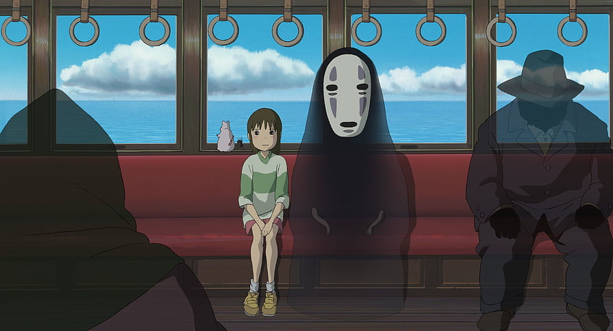 Chihiro and No Face on the Sea Train in Spirited Away by Studio Ghibli HD wallpaper