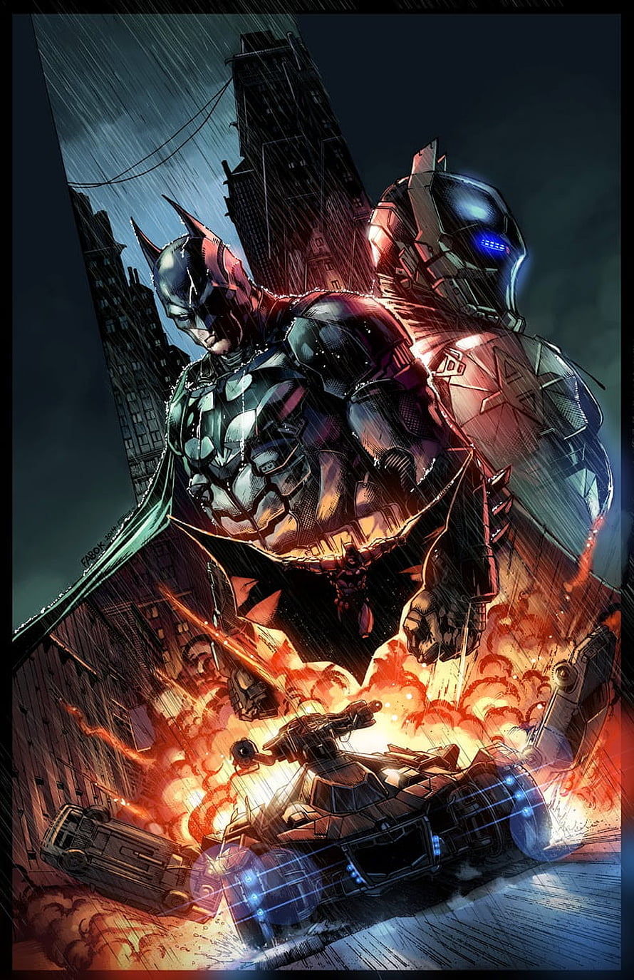 Batman and Arkham Knight in a Rainy Gotham City Battle Scene with Batmobile Explosion HD phone wallpaper