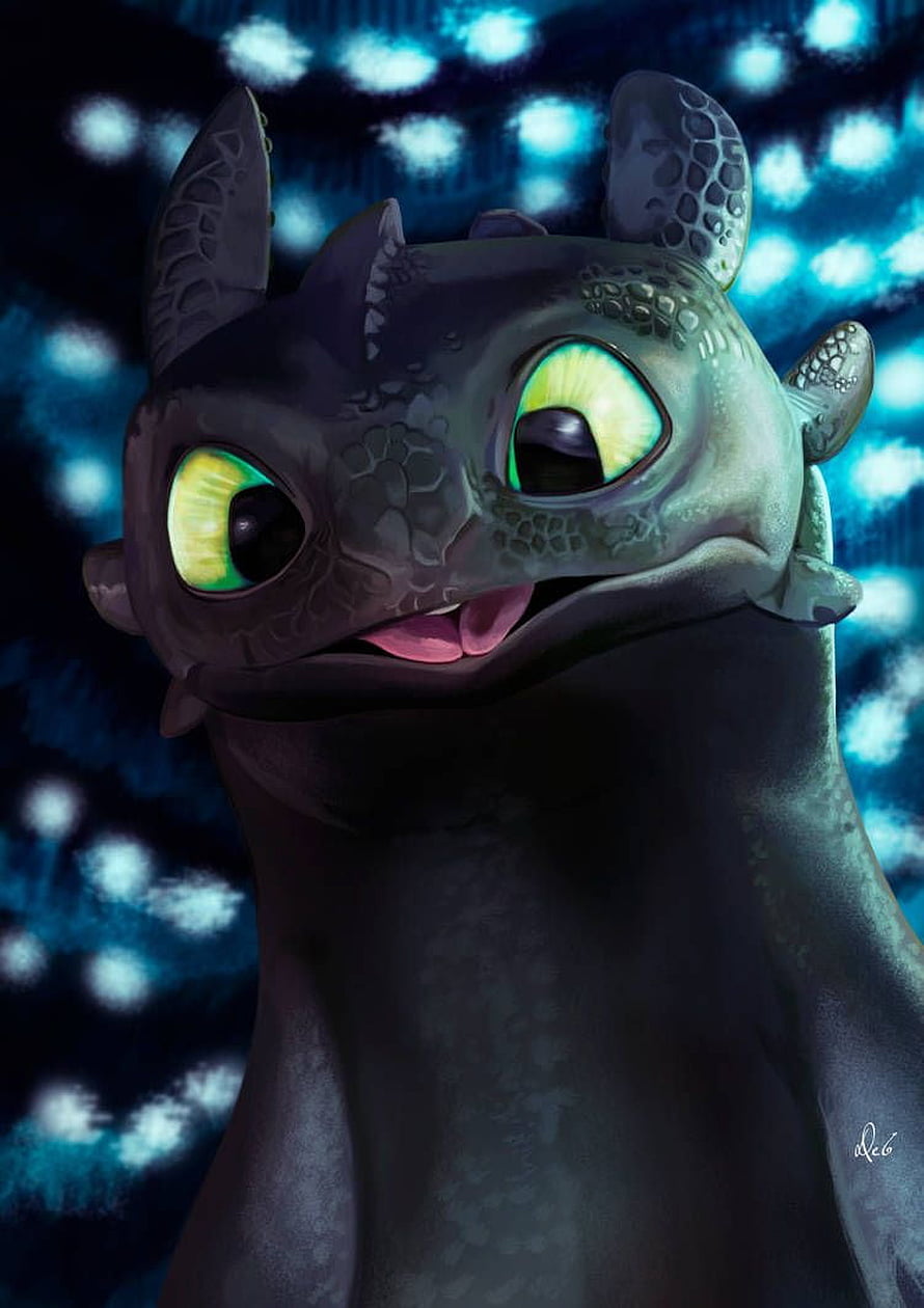 Cute Toothless Dragon Portrait with Glowing Green Eyes and Playful Expression HD phone wallpaper