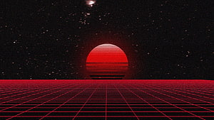 Red Retro Synthwave Grid Horizon With Striped Sun And Starry Night Sky HD wallpaper