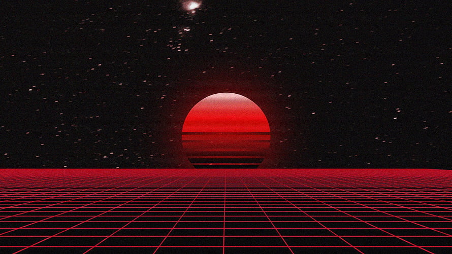 Red Retro Synthwave Grid Horizon With Striped Sun And Starry Night Sky HD wallpaper