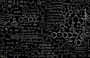 Hand-drawn chemistry equations and molecular structures on a black chalkboard background HD wallpaper