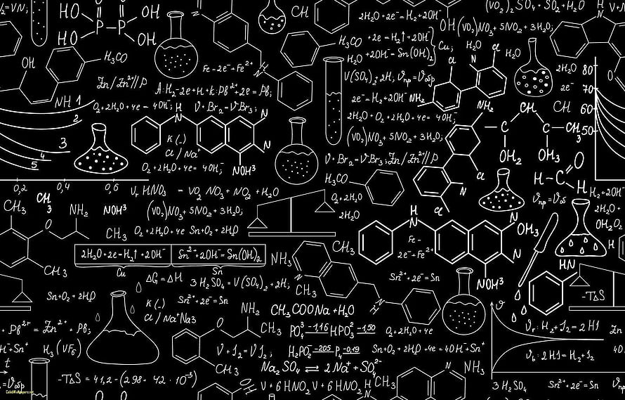 Hand-drawn chemistry equations and molecular structures on a black chalkboard background HD wallpaper