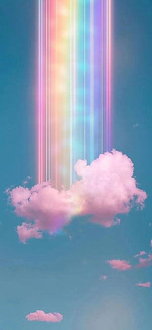 Pastel Rainbow Light Beams Over Soft Pink Clouds in a Dreamy Blue Sky HD phone wallpaper