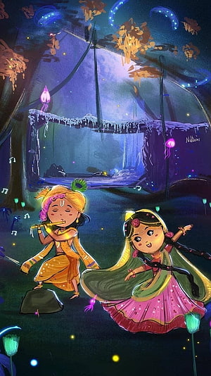 Radha Krishna Playing Flute and Dancing in a Magical Forest at Night HD phone wallpaper