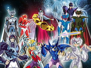 Saint Seiya Asgard Arc Warriors in Mythical Armor Against Cosmic Nebula Background HD wallpaper