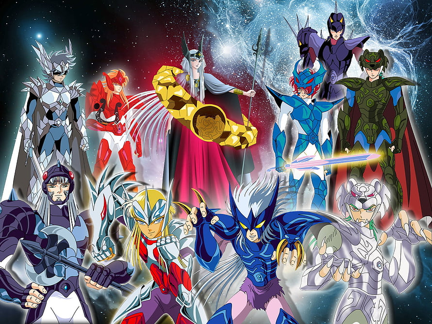 Saint Seiya Asgard Arc Warriors in Mythical Armor Against Cosmic Nebula Background HD wallpaper
