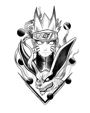 Naruto Uzumaki and Nine-Tailed Fox Black and White Anime Illustration HD phone wallpaper