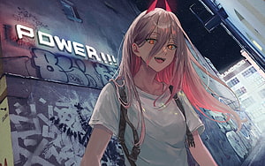 Power from Chainsaw Man in a gritty urban alley with neon signage and graffiti, Power, Chainsaw Man, japanese manga, anime characters, Chainsaw Man characters, Power character HD wallpaper
