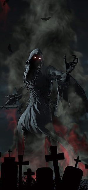 Grim Reaper Fantasy Artwork with Glowing Red Eyes and Cemetery Crosses HD phone wallpaper