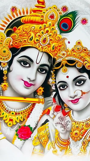Radha Krishna Divine Portrait With Ornate Gold Jewelry And Peacock Feather Crown HD phone wallpaper