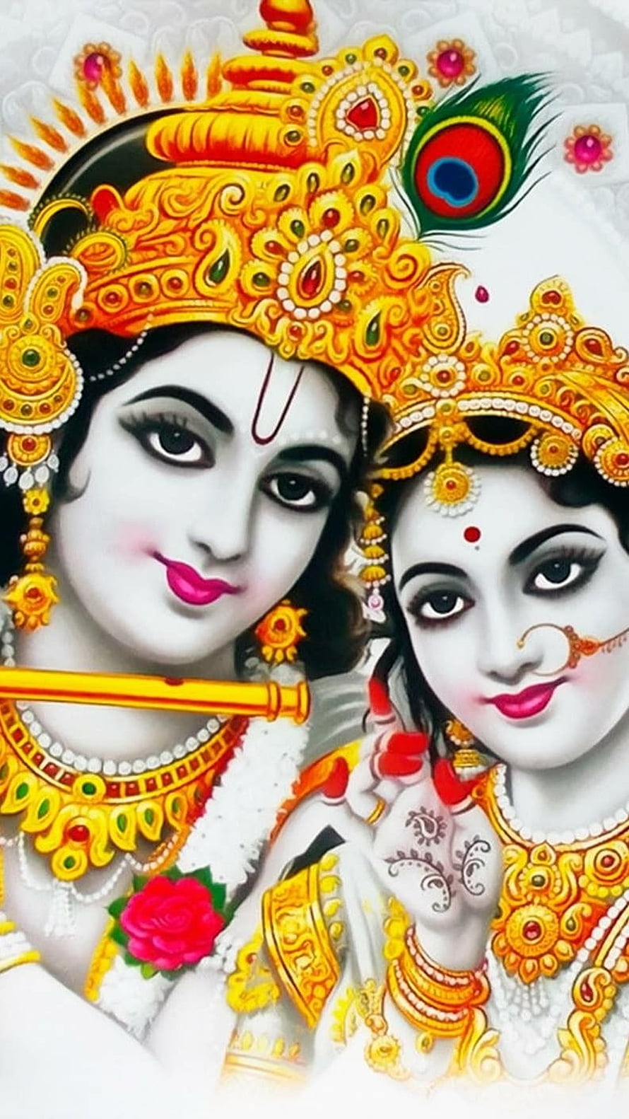 Radha Krishna Divine Portrait With Ornate Gold Jewelry And Peacock Feather Crown HD phone wallpaper