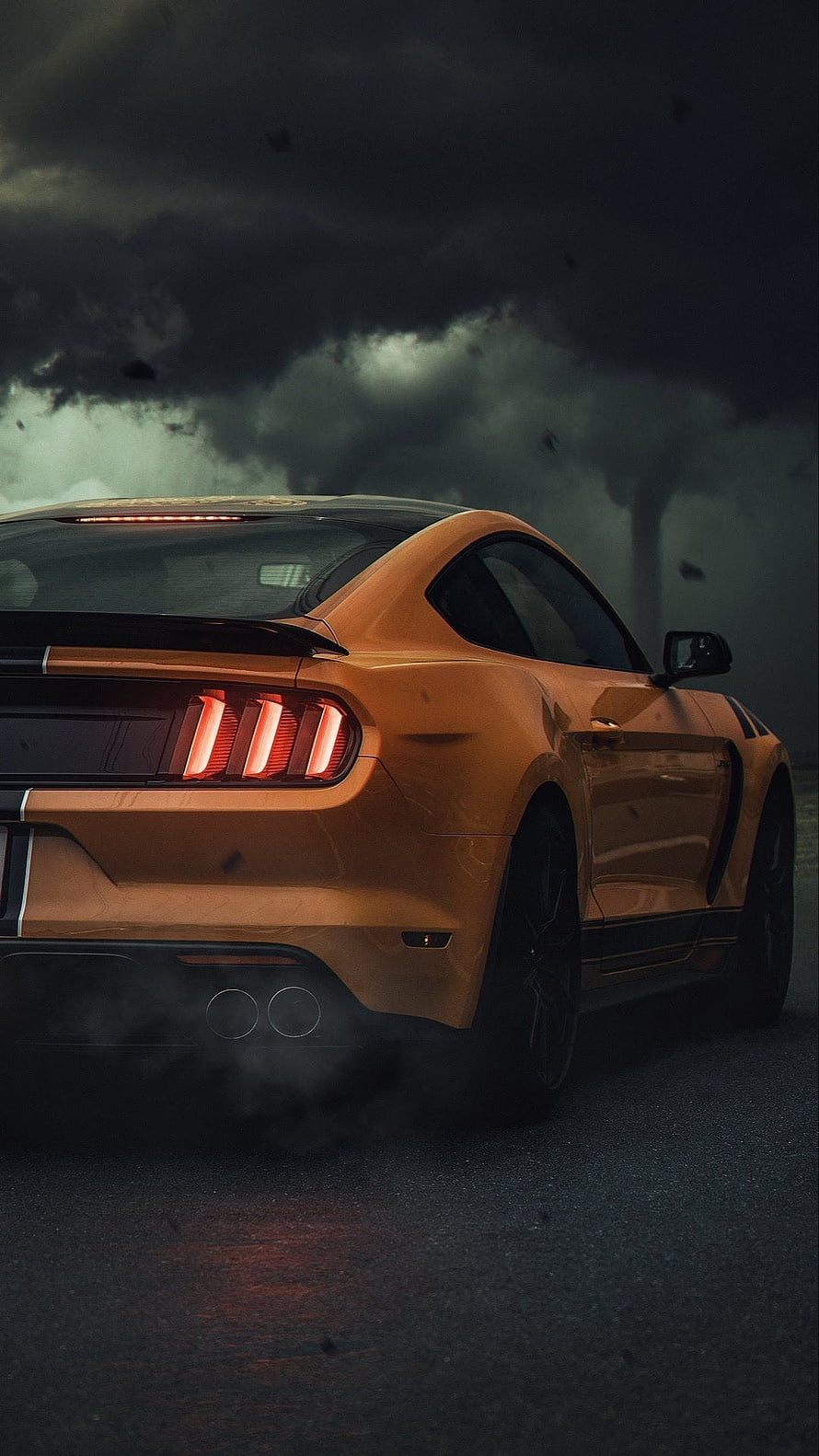 Orange Ford Mustang GT Rear View Under Dark Stormy Sky With Exhaust Smoke HD phone wallpaper