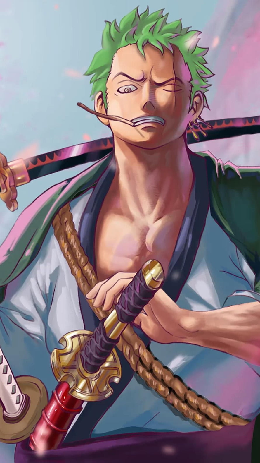 Roronoa Zoro Wielding Three Swords in Dynamic Anime Illustration HD phone wallpaper