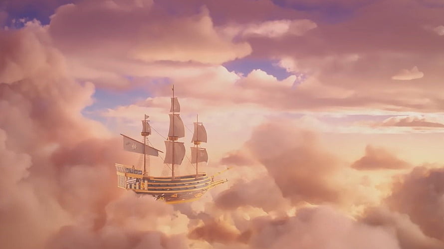 Fantasy Airship Sailing Through Golden Sunset Clouds in Anime Style HD wallpaper