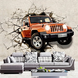 Orange Jeep Wrangler Breaking Through Cracked Wall 3D Living Room Mural HD phone wallpaper