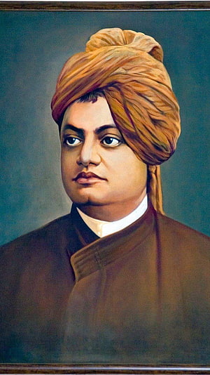 Swami Vivekananda Portrait Painting in Traditional Turban and Brown Attire HD phone wallpaper