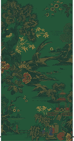 Traditional Japanese Garden Scene with Cranes and Pagodas on Deep Green Background HD phone wallpaper