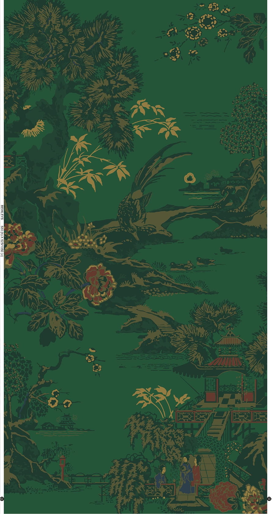Traditional Japanese Garden Scene with Cranes and Pagodas on Deep Green Background HD phone wallpaper