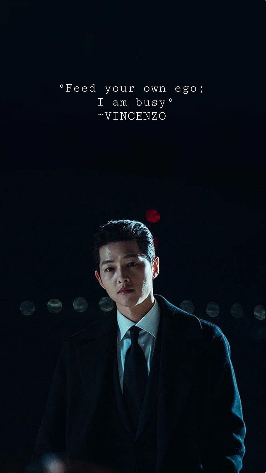 Vincenzo Song Joong Ki in Dark Suit with Dramatic Night Lighting and Quote Overlay HD phone wallpaper