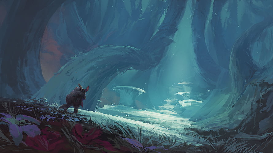 Nanachi from Made in Abyss exploring a mystical cavern with glowing light and giant mushrooms HD wallpaper