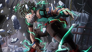 Izuku Midoriya unleashing green energy in a dynamic My Hero Academia battle scene HD wallpaper