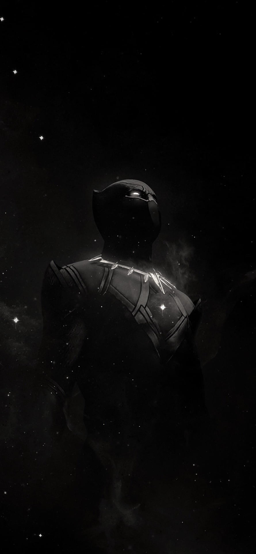 Black Panther in a dark cosmic setting with glowing silver necklace and starry background HD phone wallpaper